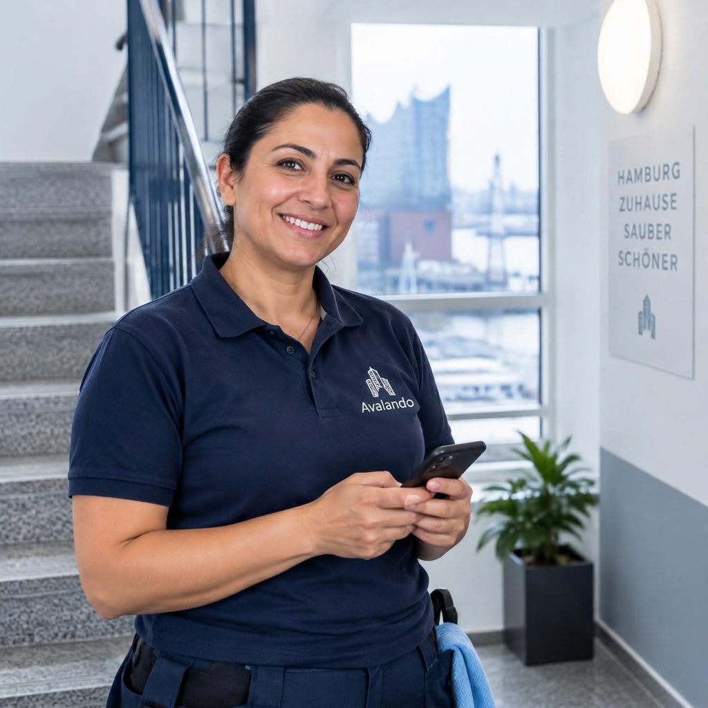 Mitarbeiterin im Treppenhaus mit der Facility.One-App